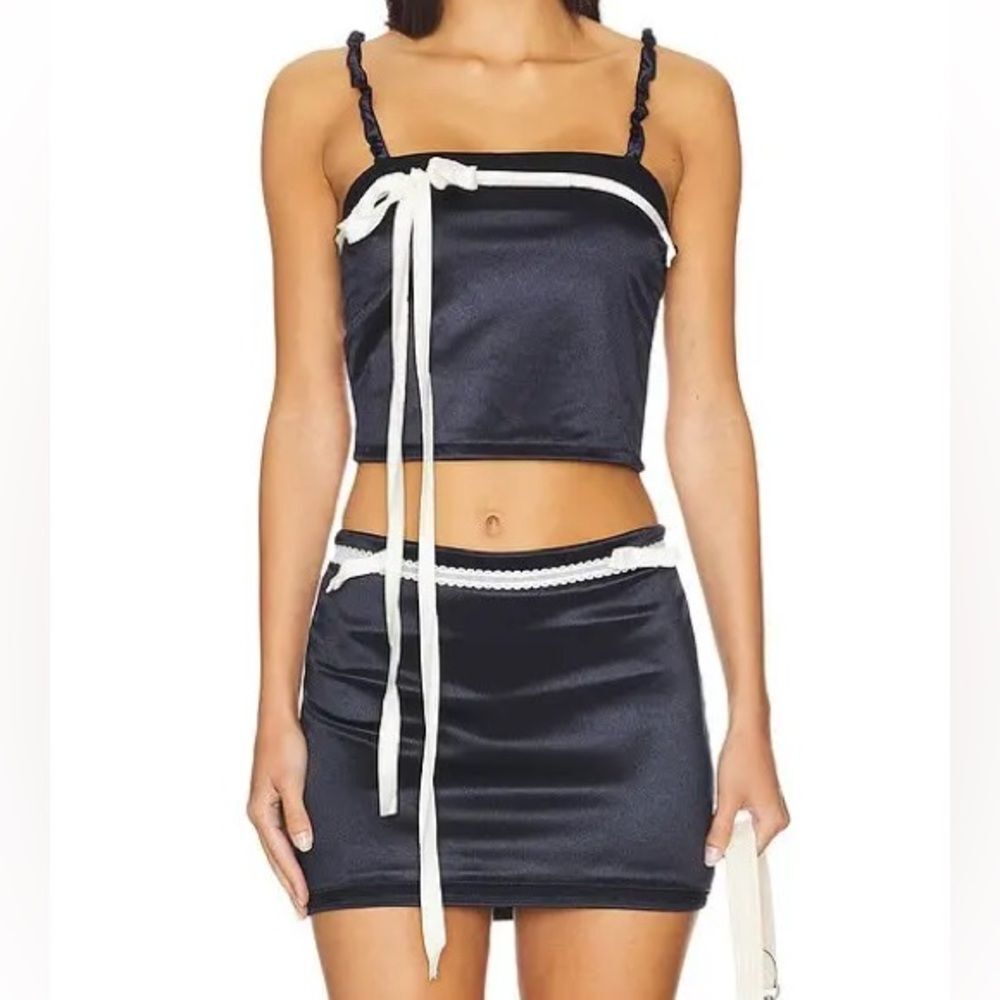 REVOLVE Satin Bow Lace Two-Piece Mini Skirt Set XS - Navy & White